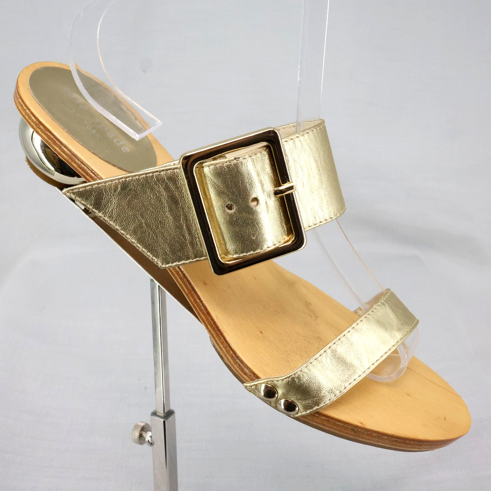 Kate Spade Sandals Womens 8.5 Gold Metallic Leather Flat Wood Shoes Brazil